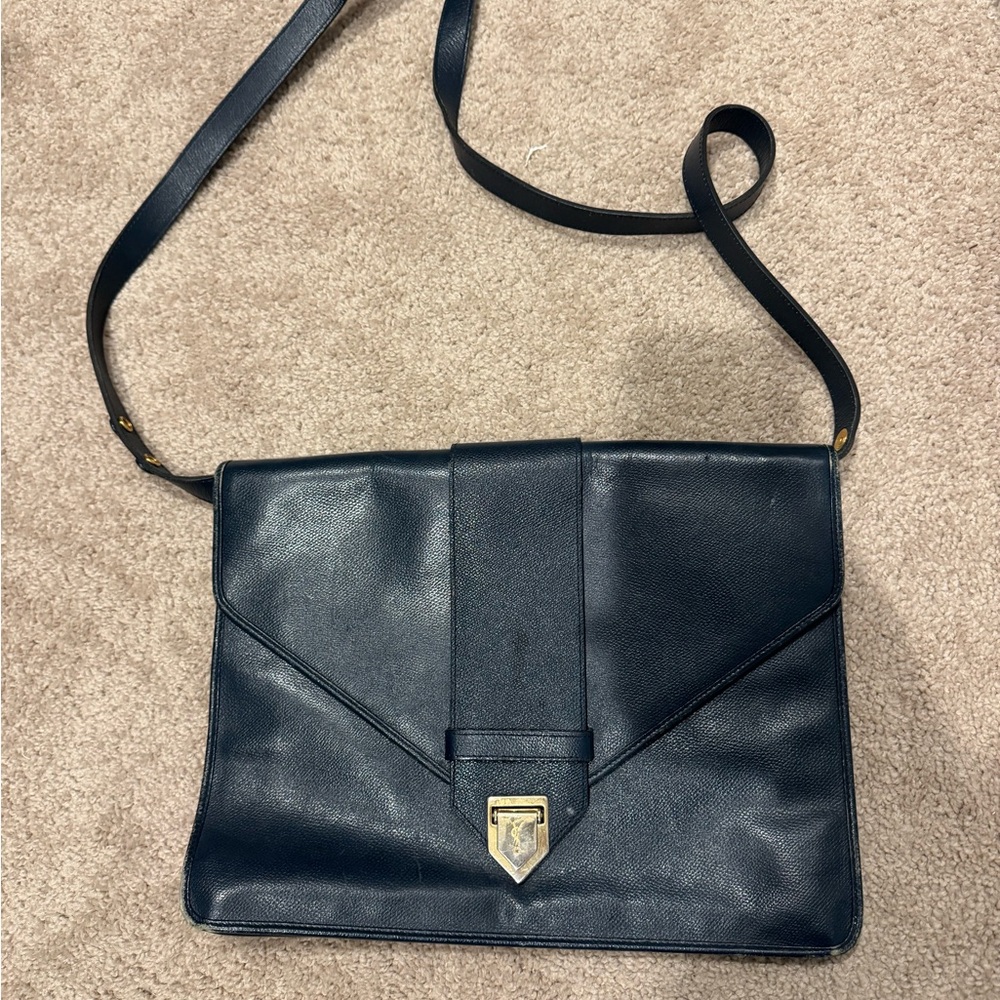 Yves Saint Laurent Navy Leather Shoulder Envelope Bag with Gold Hardware